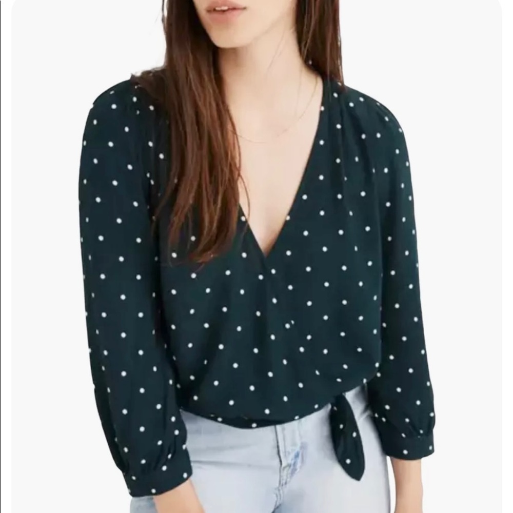 Madewell Green Polka Dot Wrap Blouse Top w/Tie